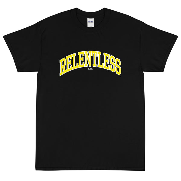 “RELENTLESS” Collegiate Font T-Shirt Black & Yellow