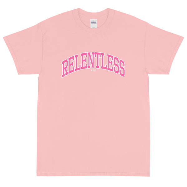 “RELENTLESS” Collegiate Font T-Shirt Pink
