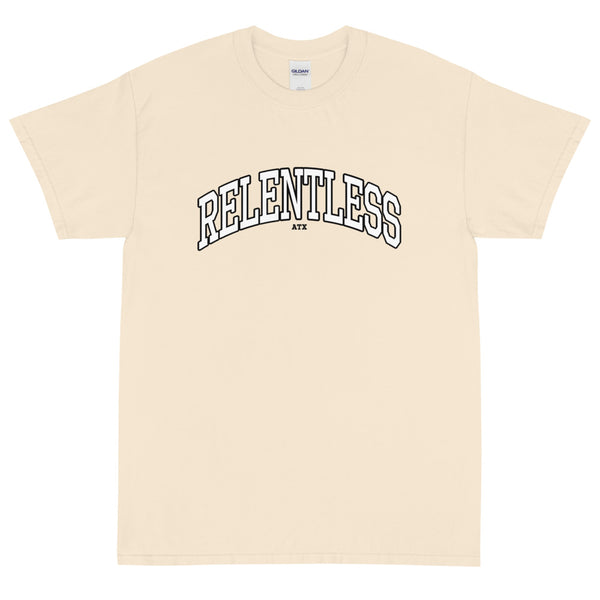 “RELENTLESS” Collegiate Font T-Shirt Cream
